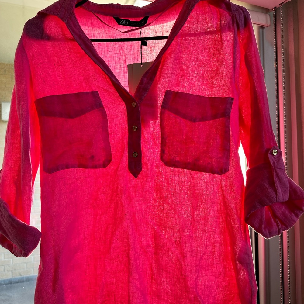 NWT ZARA linen pink button up shirt size xs